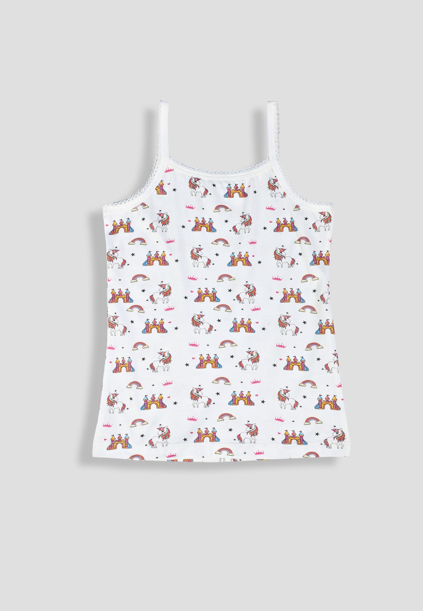 Girls Unicorn Print Camisoles/Vest Tops –Soft Cotton Lycra Kids' Undershirts with Anti-Microbial Finish & advanced ergonomic armhole technology - Pack of 3