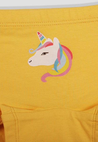 TRESNOVA Cotton Lycra Anti-microbial Finish & Smart Waistband Technology Unicorn Printed Soft Boxer Panties Pack of 3 -Yellow Pink & Navyblue