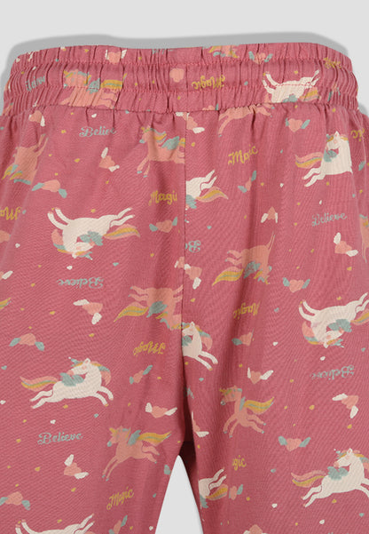 Tresnova Cotton Knit Full Sleeves Antimicrobial Finish Unicorn Printed Coordinating T-shirt And Joggers Set-Rosepink