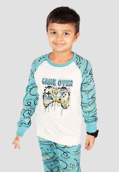 Tresnova Cotton Knit Full Sleeves Antimicrobial Finish Game Printed Coordinating T-shirt And Joggers Set-Offwhite