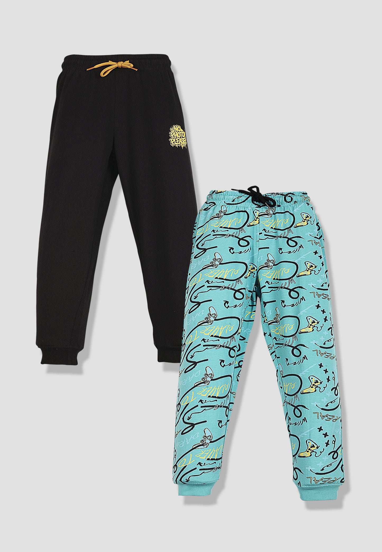 Tresnova Cotton Knit Full Sleeves Antimicrobial Finish Game Printed Jogger Track Pants ( Pack of 2)-Tealblue, Black
