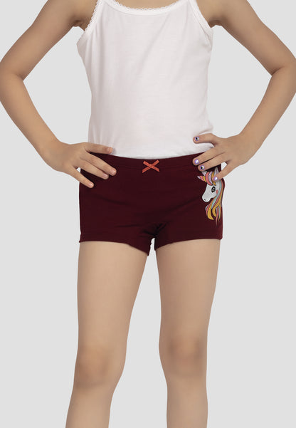 TRESNOVA Cotton Lycra Anti-microbial Finish & Smart Waistband Technology Unicorn Printed Soft Boxer Panties Pack of 3 -Burgundy Yellow & Green
