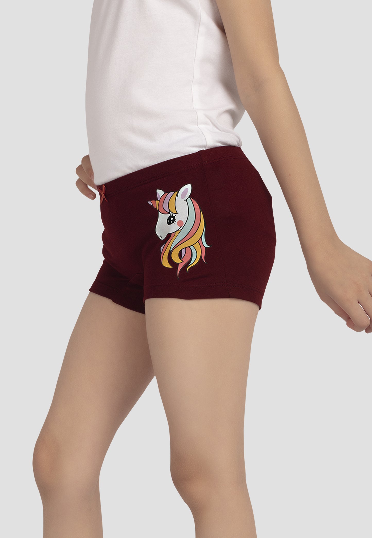 TRESNOVA Cotton Lycra Anti-microbial Finish & Smart Waistband Technology Unicorn Printed Soft Boxer Panties Pack of 3 -Burgundy Yellow & Green