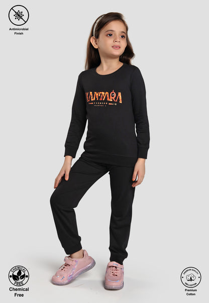 Kantara Tresnova Cotton Knit Full Sleeves Antimicrobial Finish Text Printed Coordinating T-shirt And Joggers Set-Black
