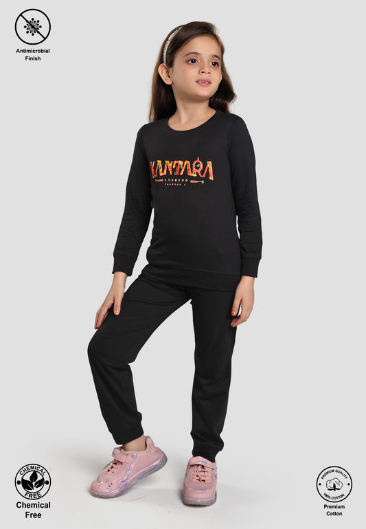 Kantara Tresnova Cotton Knit Full Sleeves Antimicrobial Finish Text Printed Coordinating T-shirt And Joggers Set-Black