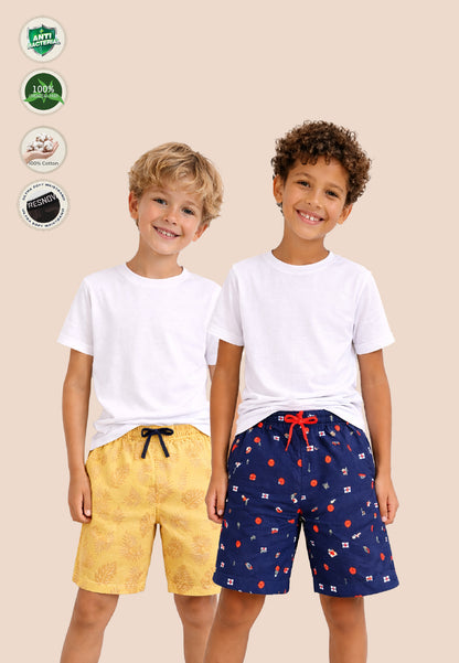 TRESNOVA Cotton Anti-Microbial & Smart Waistband Technology  Varsity Printed  Soft Shorts Pack of 2- Navyblue & Yellow