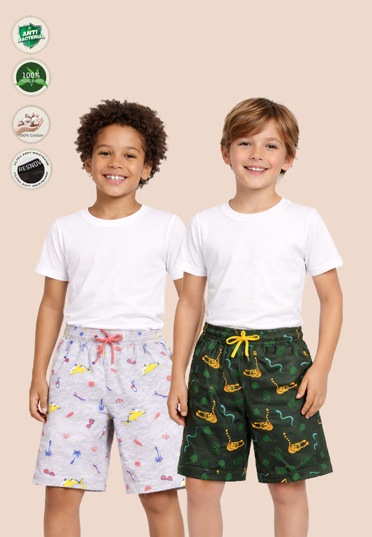 TRESNOVA Cotton Anti-Microbial & Smart Waistband Technology Jungle Printed  Soft Shorts Pack of 2- Green & Melange