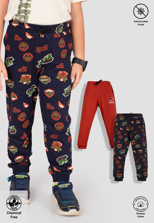 Tresnova Cotton Knit Full Sleeves Antimicrobial Finish Camping Printed Jogger Track Pants ( Pack of 2)-Navyblue, Orange
