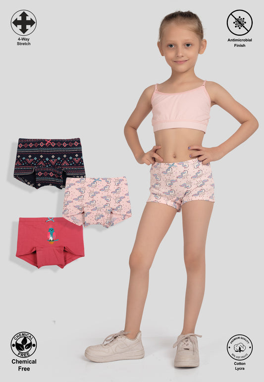 TRESNOVA Cotton Lycra Anti-microbial Finish & Smart Waistband Technology Unicorn Printed Soft Boxer Panties Pack of 3 -Pink Navyblue & Rosepink