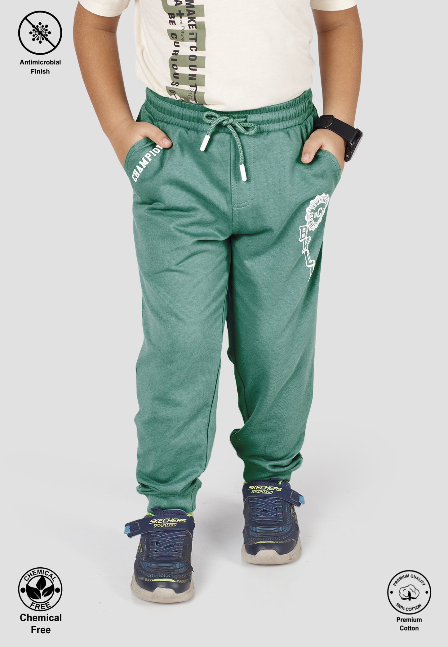 Tresnova Cotton Knit Full Sleeves Antimicrobial Finish Champion Printed Jogger Track Pant -Green