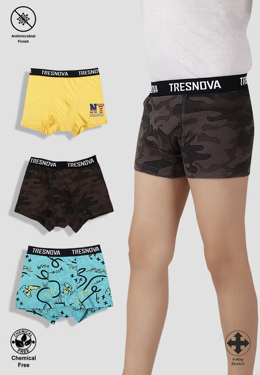 TRESNOVA Cotton Anti-microbial Finish & Smart Waistband Technology Newyork Printed Soft Boxer Briefs Pack of 3 -Yellow camoflague & Tealblue