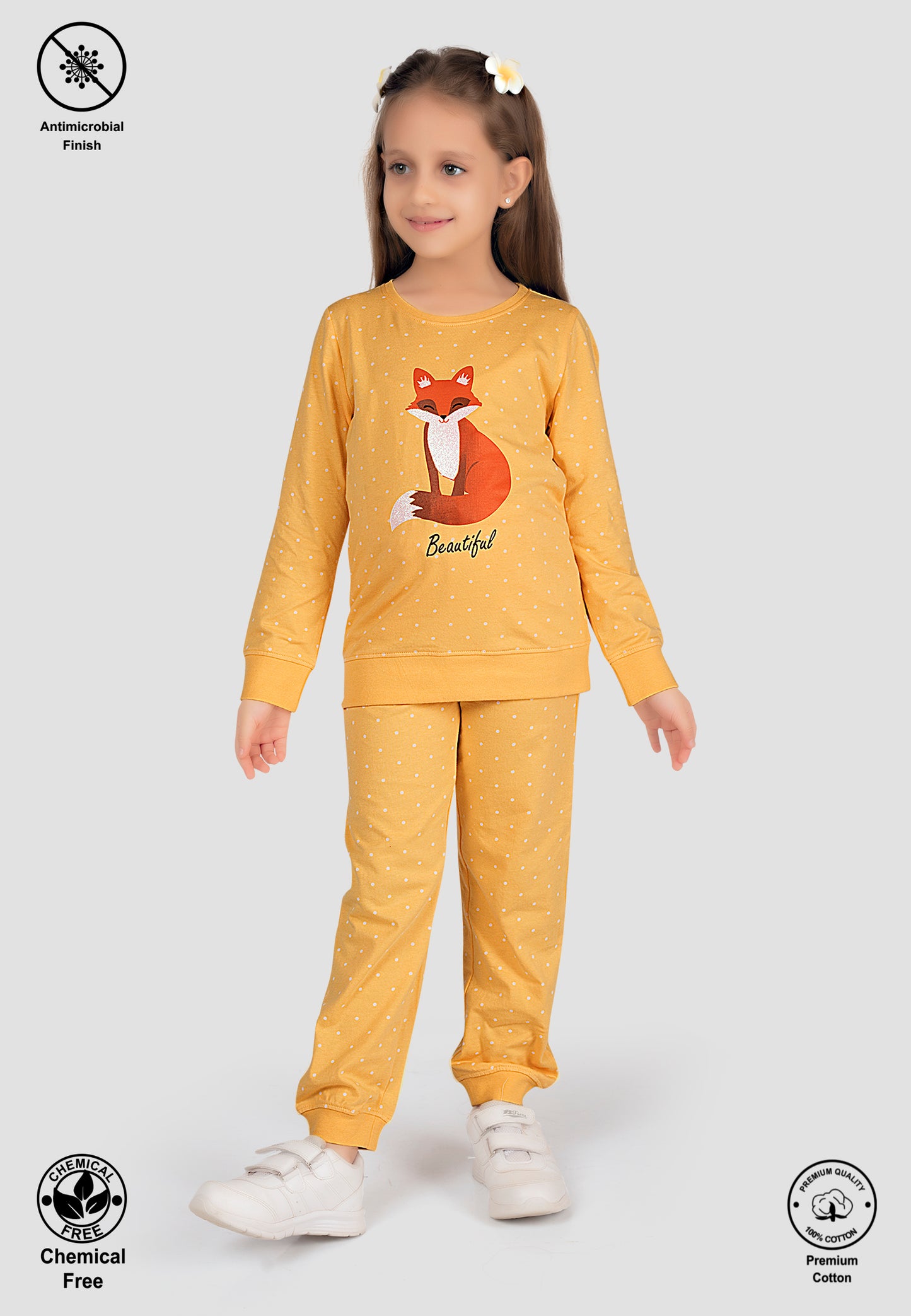 Tresnova Cotton Knit Full Sleeves Antimicrobial Finish Fox Printed Coordinating T-shirt And Joggers Set-Yellow