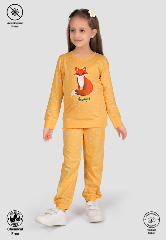 Tresnova Cotton Knit Full Sleeves Antimicrobial Finish Fox Printed Coordinating T-shirt And Joggers Set-Yellow