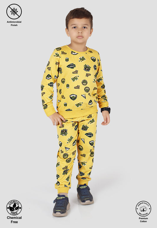 Tresnova Cotton Knit Full Sleeves Antimicrobial Finish Jungle Printed Coordinating T-shirt And Joggers Set-Yellow