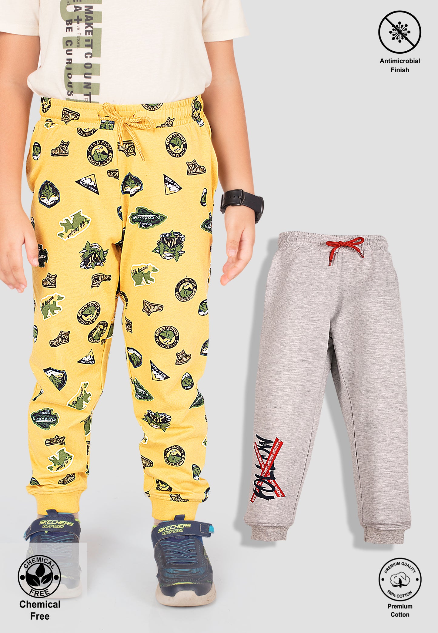 Tresnova Cotton Knit Full Sleeves Antimicrobial Finish Jungle Printed Jogger Track Pants ( Pack of 2)-Yellow, Grey