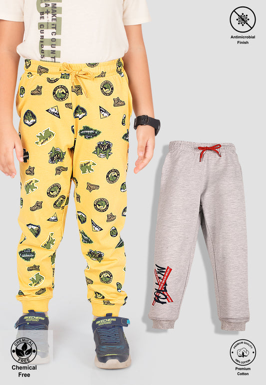 Tresnova Cotton Knit Full Sleeves Antimicrobial Finish Jungle Printed Jogger Track Pants ( Pack of 2)-Yellow, Grey