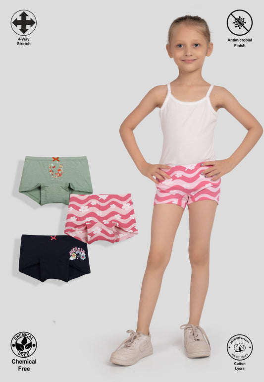 TRESNOVA Cotton Lycra Anti-microbial Finish & Smart Waistband Technology Floral Printed Soft Boxer Panties Pack of 3 -Navyblue Green & Pink