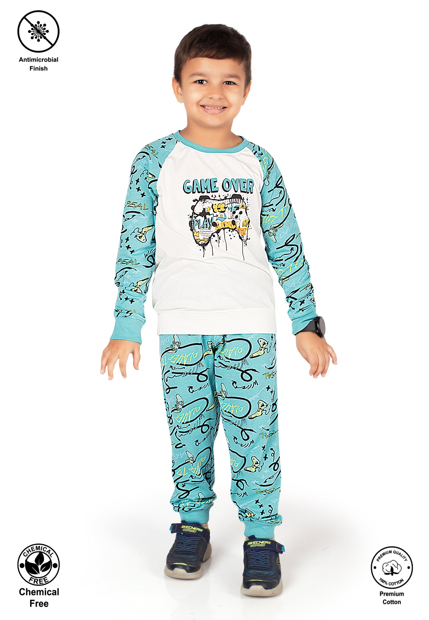 Tresnova Cotton Knit Full Sleeves Antimicrobial Finish Game Printed Coordinating T-shirt And Joggers Set-Offwhite