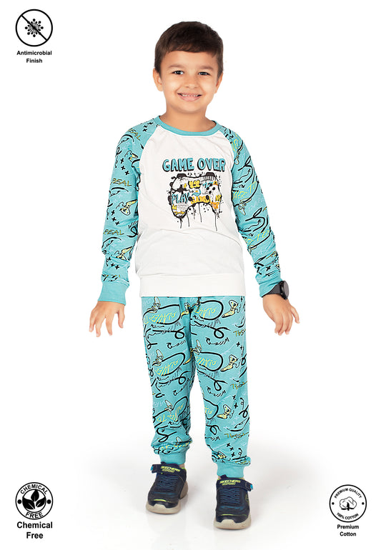 Tresnova Cotton Knit Full Sleeves Antimicrobial Finish Game Printed Coordinating T-shirt And Joggers Set-Offwhite