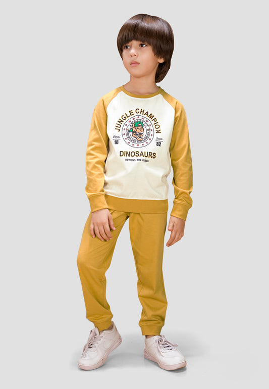Tresnova Cotton Knit Full Sleeves Antimicrobial Finish Dinosaur Printed Coordinating T-shirt And Joggers Set-Off White