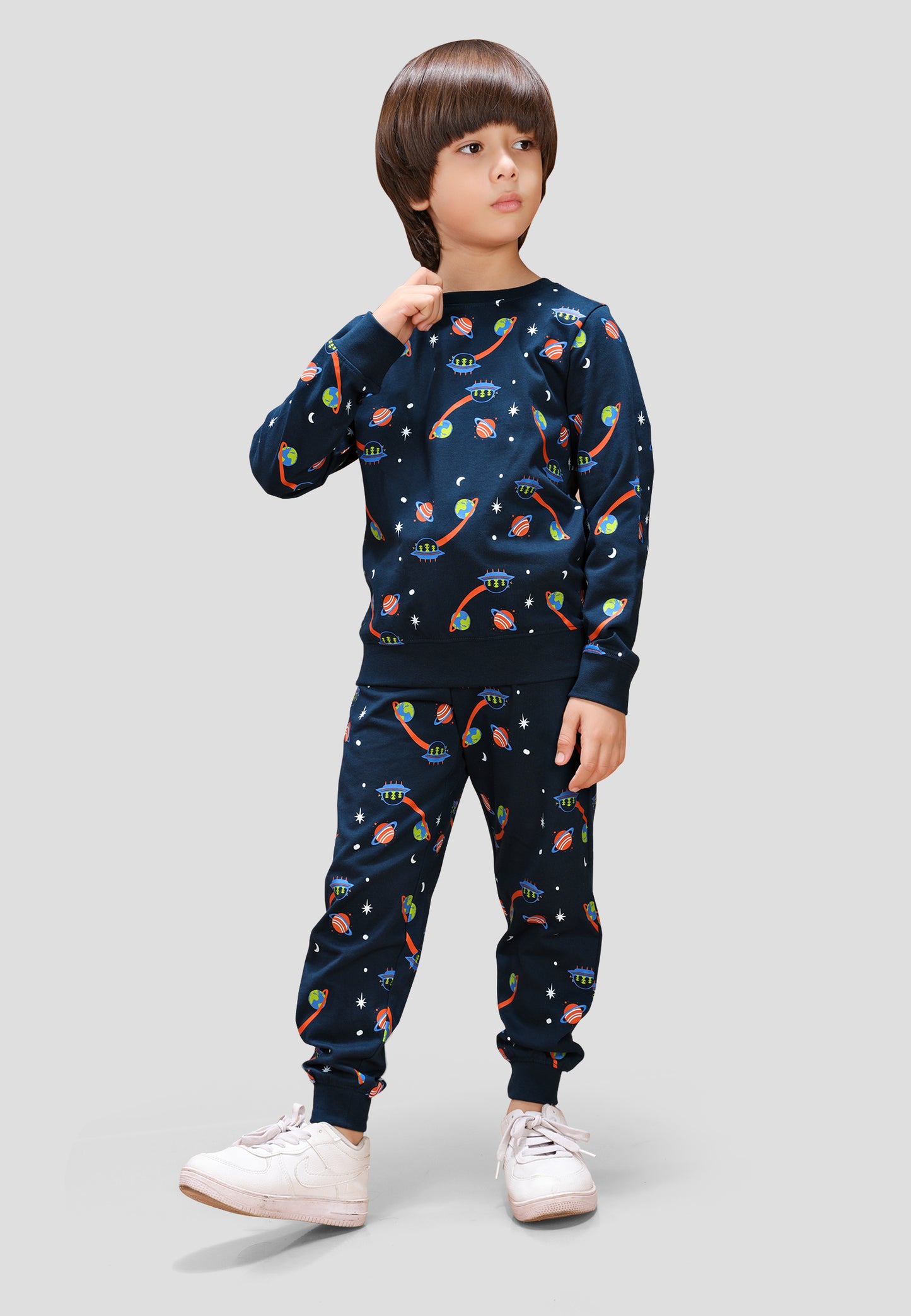 Tresnova Cotton Knit Full Sleeves Antimicrobial Finish Space Printed Coordinating T-shirt And Joggers Set-Navy