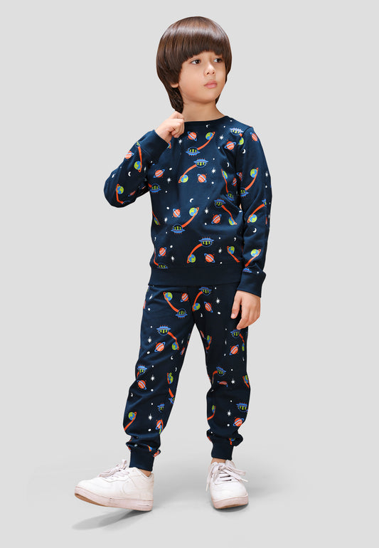 Tresnova Cotton Knit Full Sleeves Antimicrobial Finish Space Printed Coordinating T-shirt And Joggers Set-Navy