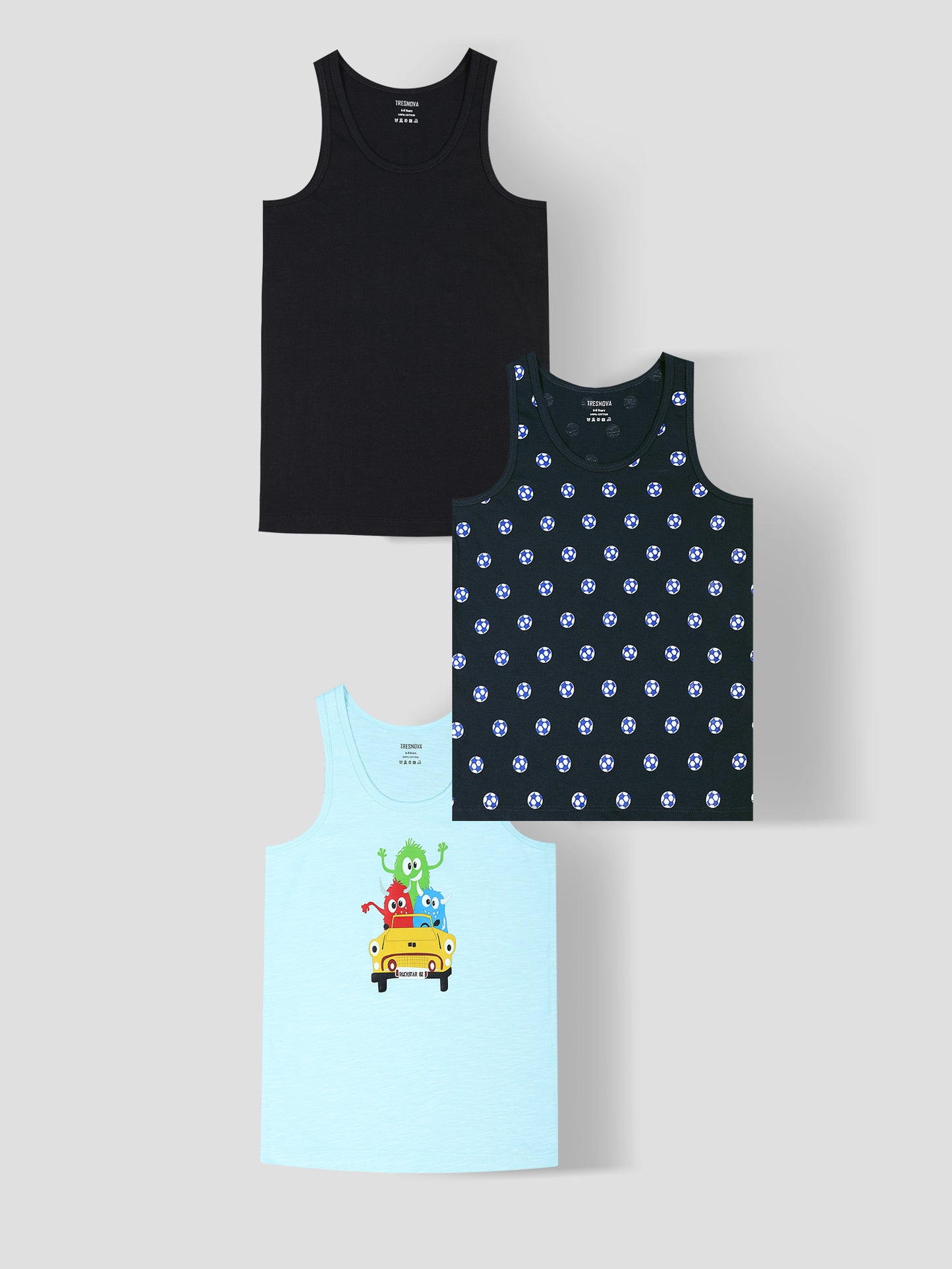 Boys' Printed Vests – Supersoft Cotton Kids Innerwear with Anti-Microbial Finish & advanced ergonomic armhole technology - Pack of 3