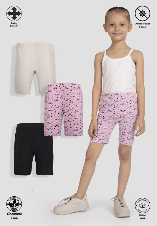 TRESNOVA Cotton Lycra Anti-microbial Finish & Smart Waistband Technology Rainbow Printed Soft Cycling shorts Pack of 3 -  Purple Offwhite & Black