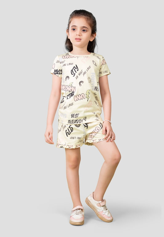 Girls' Graffiti Print Nightsuit – Soft, Anti-Microbial Cotton Co-ords | Pyjama Shorts Set for Kids