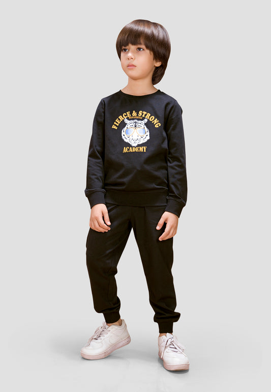 Tresnova Cotton Knit Full Sleeves Antimicrobial Finish Tiger Printed Coordinating T-shirt And Joggers Set-Black