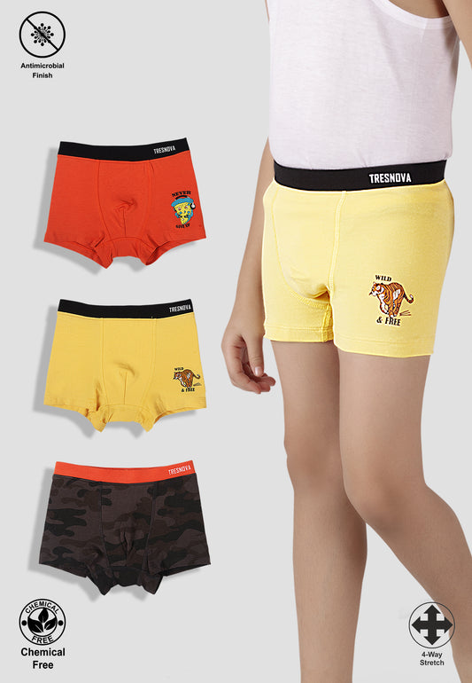 TRESNOVA Cotton Anti-microbial Finish & Smart Waistband Technology Camoflague Printed Soft Boxer Briefs Pack of 3 - Yellow camoflague & Orange
