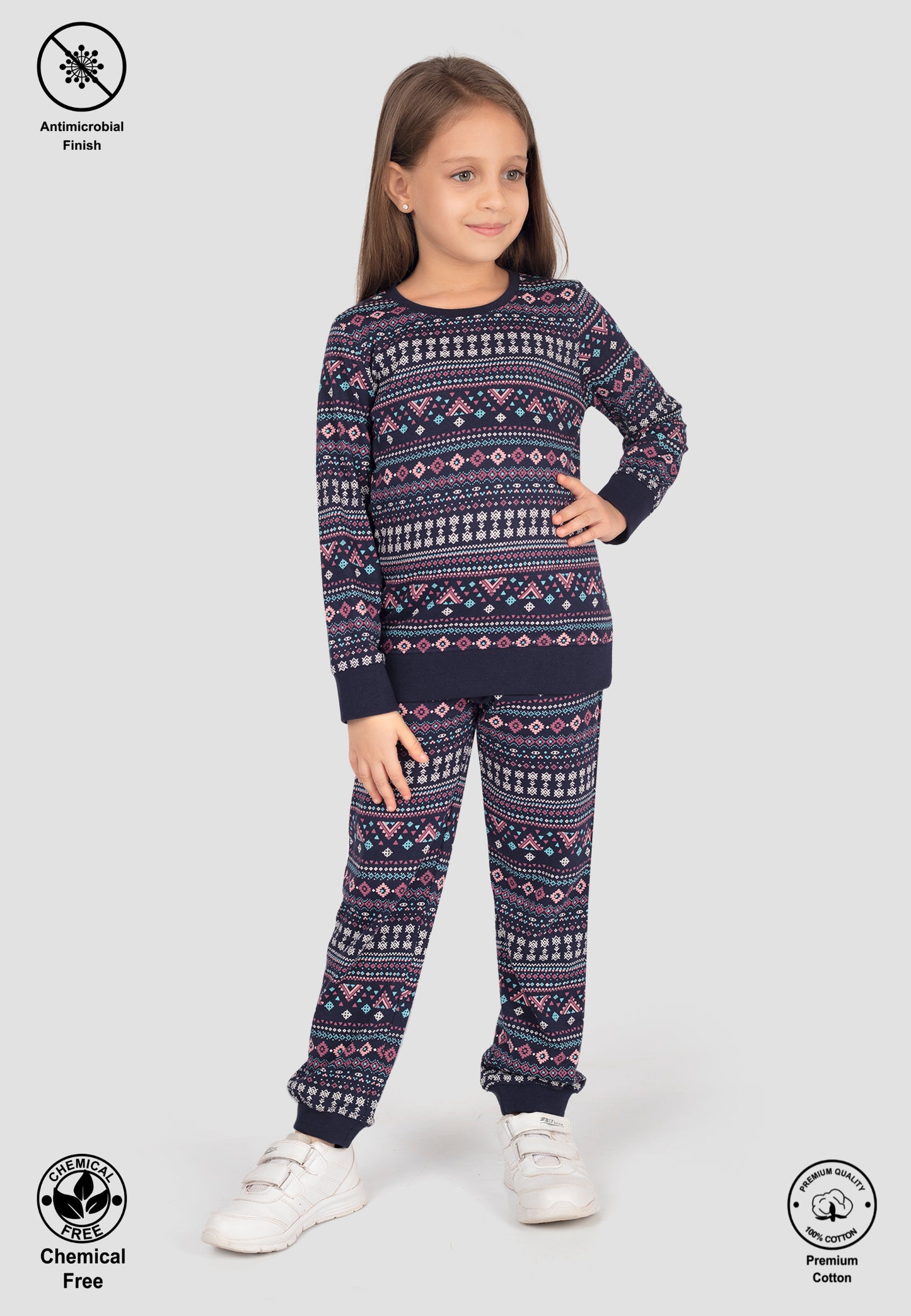 Tresnova Cotton Knit Full Sleeves Antimicrobial Finish Aztec Printed Coordinating T-shirt And Joggers Set-Navyblue