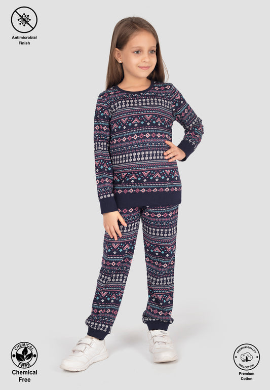Tresnova Cotton Knit Full Sleeves Antimicrobial Finish Aztec Printed Coordinating T-shirt And Joggers Set-Navyblue