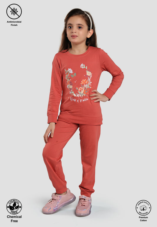Kantara Tresnova Cotton Knit Full Sleeves Antimicrobial Finish Floral Printed Coordinating T-shirt And Joggers Set-Pink