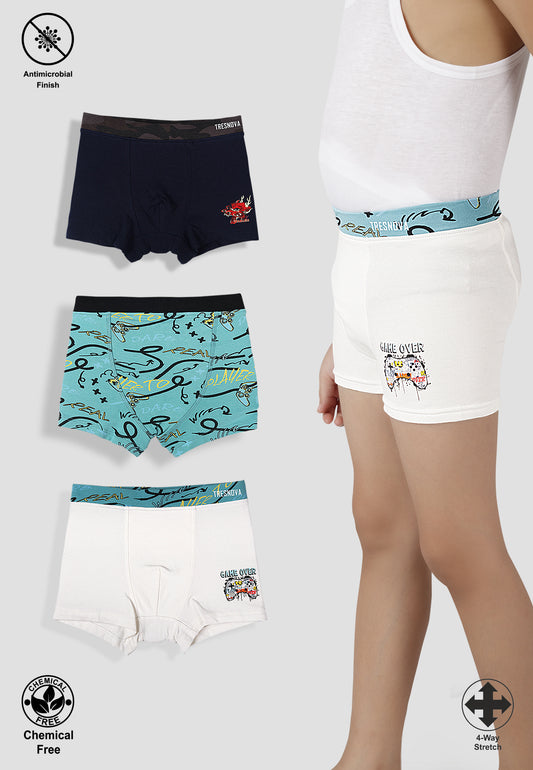 TRESNOVA Cotton Anti-microbial Finish & Smart Waistband Technology Game Printed Soft Boxer Briefs Pack of 3 -Tealblue Offwhite & Navyblue