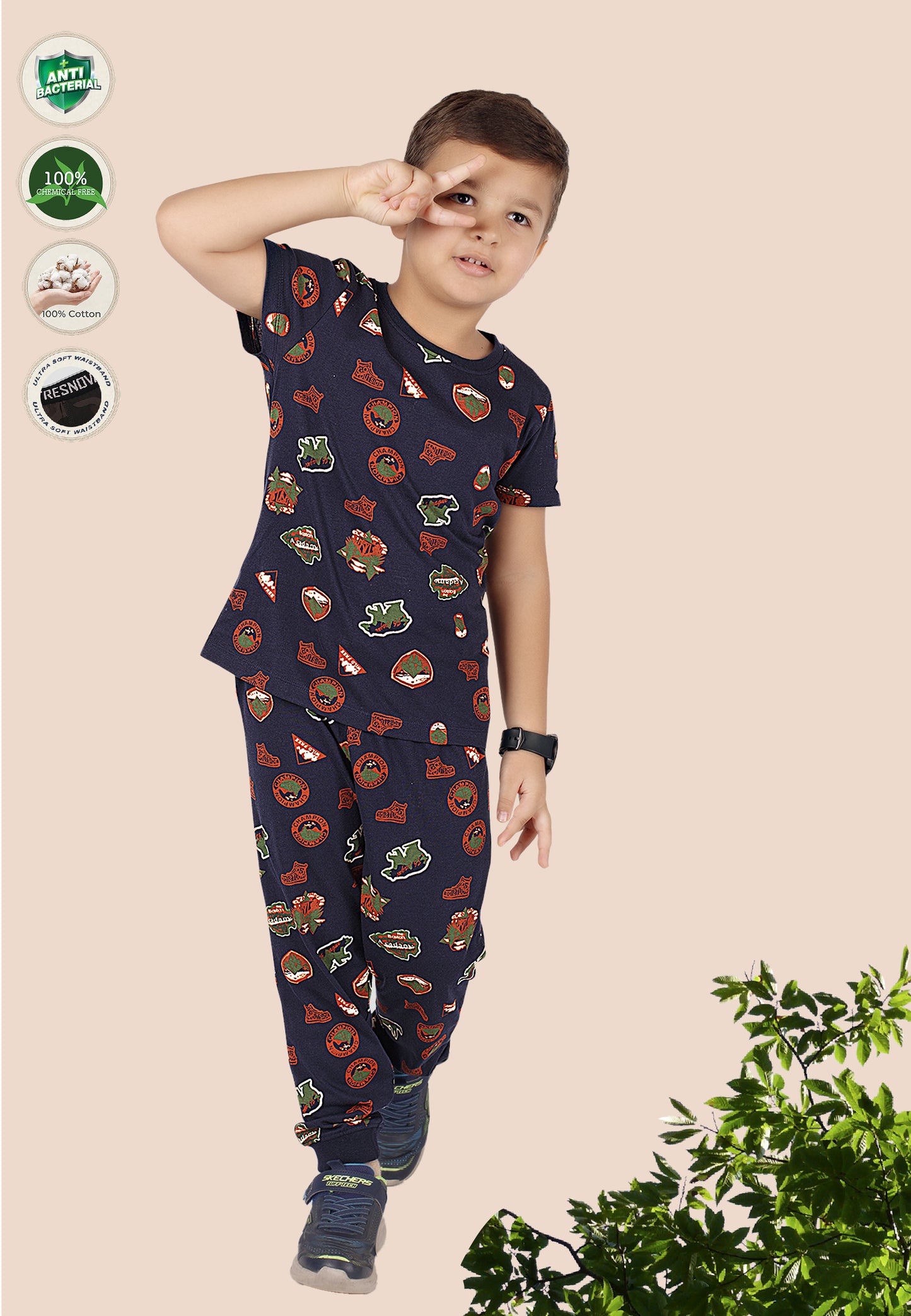 Tresnova Cotton Knit Half Sleeves Antimicrobial Finish Jungle Printed Coordinating T-shirt And Joggers Set-Navy Blue