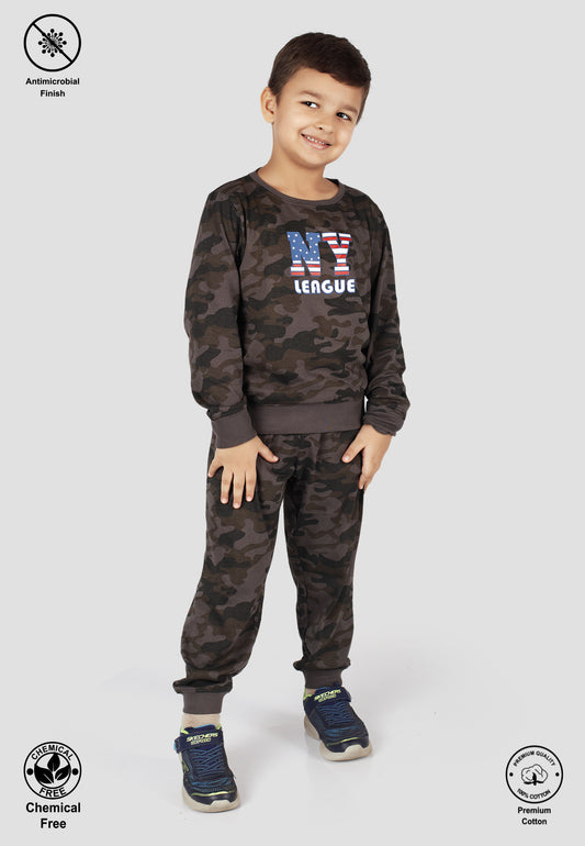 Tresnova Cotton Knit Full Sleeves Antimicrobial Finish Camoflague Printed Coordinating T-shirt And Joggers Set-Camoflague