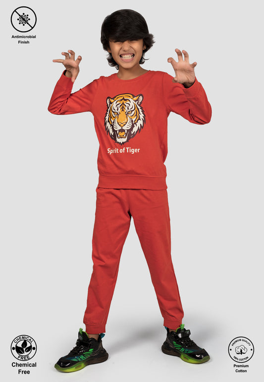 Kantara Tresnova Cotton Knit Full Sleeves Antimicrobial Finish Tiger Printed Coordinating T-shirt And Joggers Set-Orange