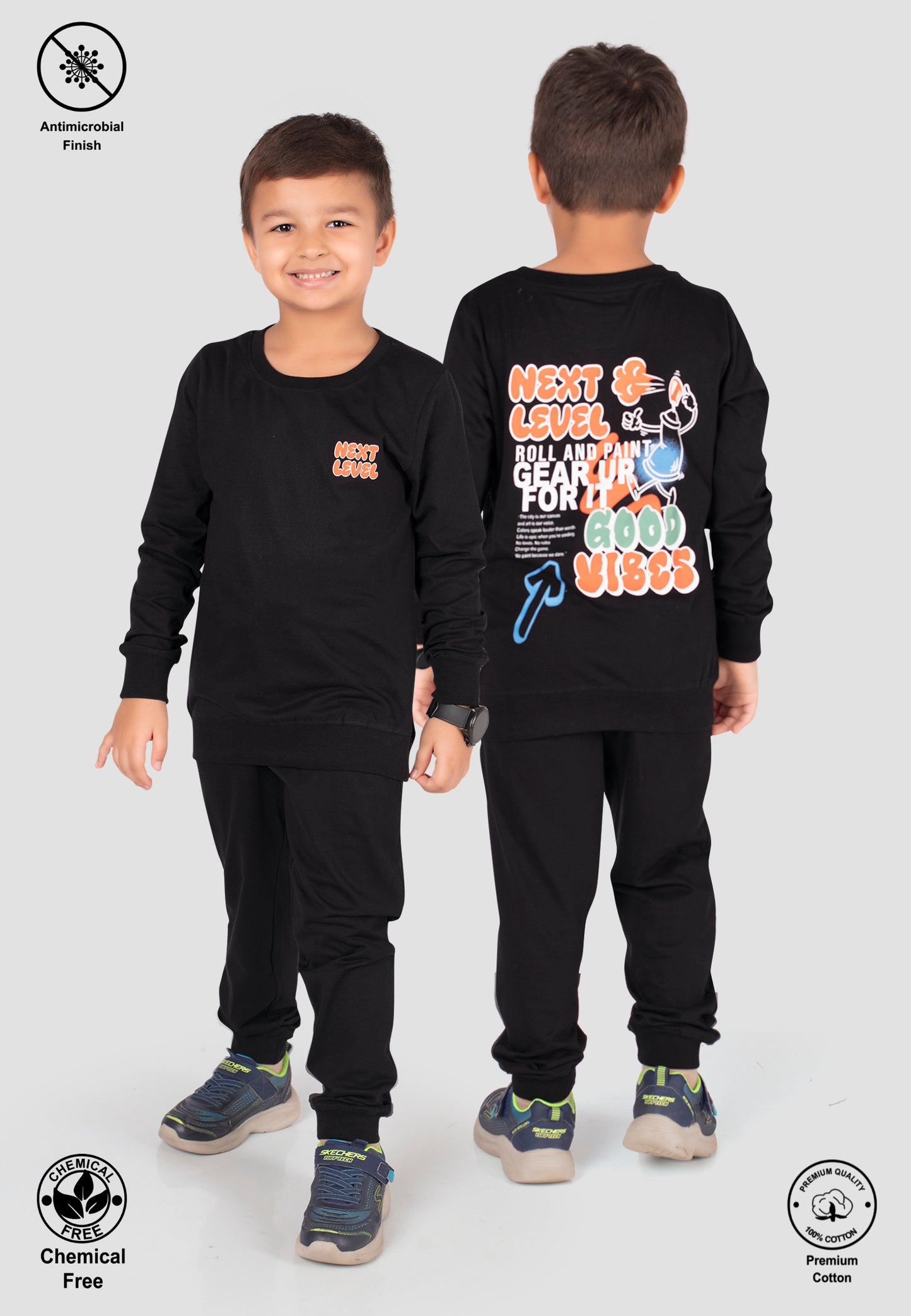 Tresnova Cotton Knit Full Sleeves Antimicrobial Finish Graffiti Printed Coordinating T-shirt And Joggers Set-Black