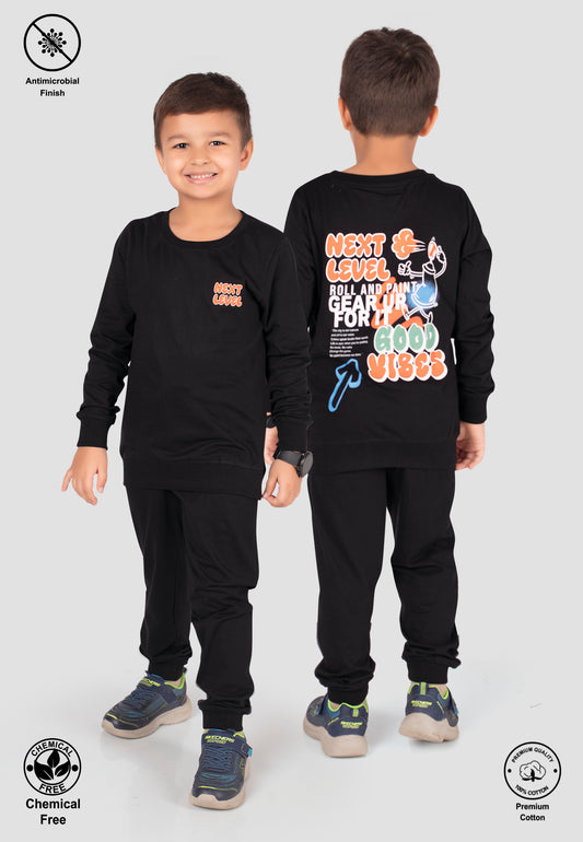 Tresnova Cotton Knit Full Sleeves Antimicrobial Finish Graffiti Printed Coordinating T-shirt And Joggers Set-Black