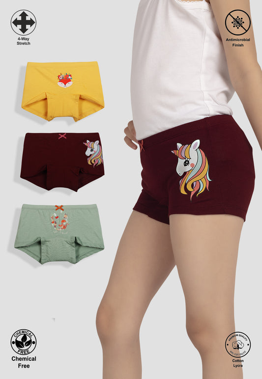 TRESNOVA Cotton Lycra Anti-microbial Finish & Smart Waistband Technology Unicorn Printed Soft Boxer Panties Pack of 3 -Burgundy Yellow & Green