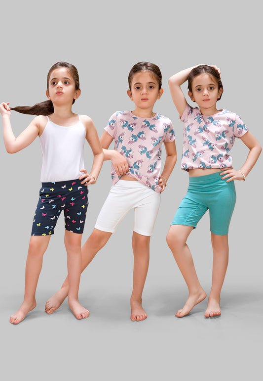 Girls Butterfly Cycling Shorts - | Soft, Anti-Microbial & & Smart Waistband Technology - Cotton Lycra | Girls' Inner Shorts, Athletic & Biker Shorts for Kids - Pack of 3