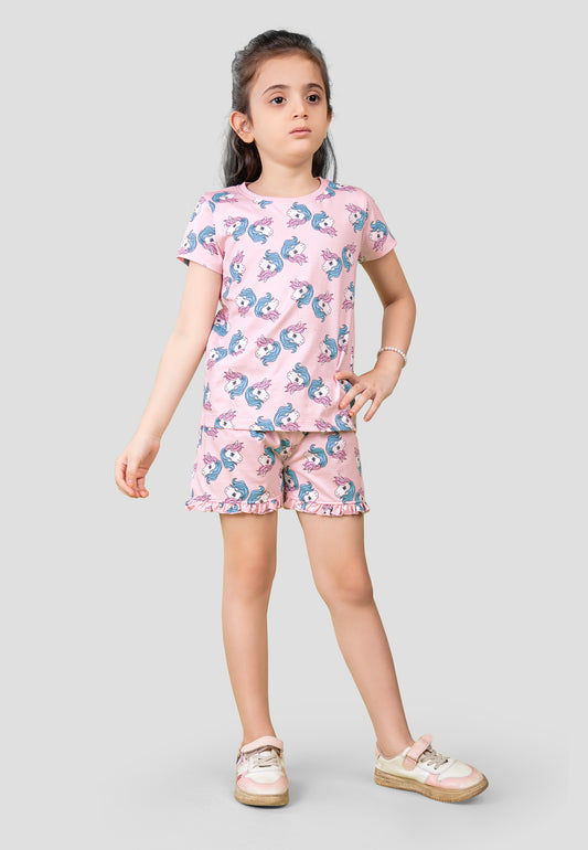Girls' Unicorn Print Nightsuit – Soft, Anti-Microbial Cotton Co-ords | Pyjama Shorts Set for Kids