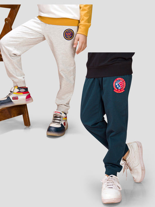 Tresnova Cotton Knit Full Sleeves Antimicrobial Finish Newyork Printed Jogger Track Pants ( Pack of 2)- Grey,Navy Blue