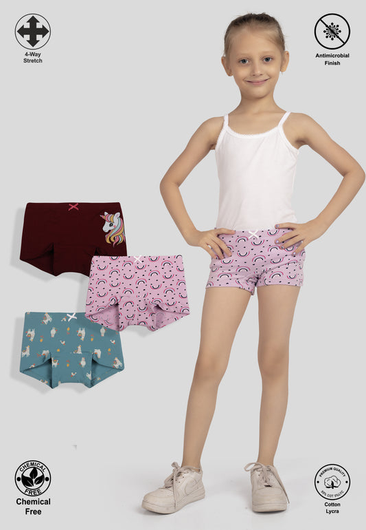 TRESNOVA Cotton Lycra Anti-microbial Finish & Smart Waistband Technology Rainbow Printed Soft Boxer Panties Pack of 3 -Purple Burguncy & Tealblue