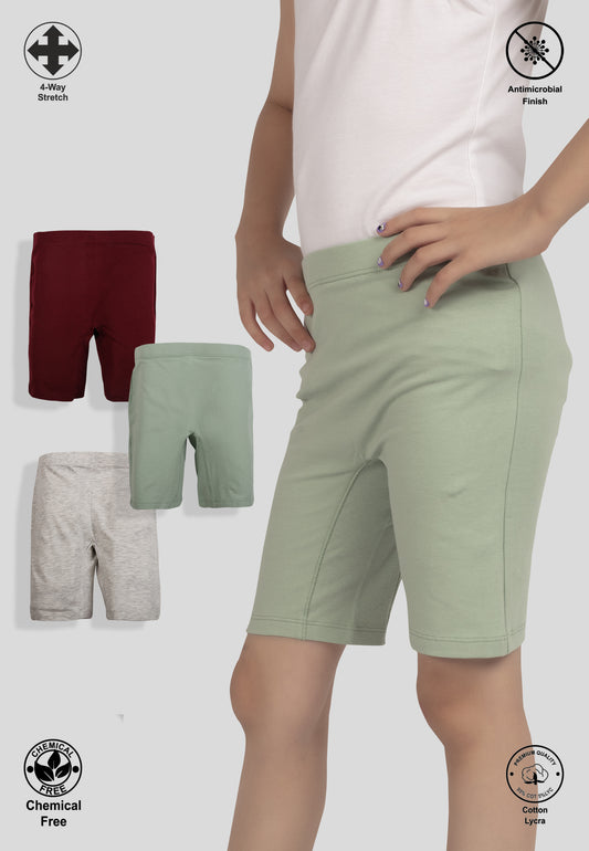 TRESNOVA Cotton Lycra Anti-microbial Finish & Smart Waistband Technology Solid Soft Cycling shorts Pack of 3 -  Burgundy Grey & Green