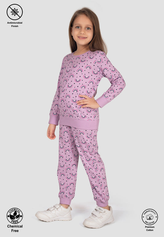 Tresnova Cotton Knit Full Sleeves Antimicrobial Finish Rainbow Printed Coordinating T-shirt And Joggers Set-Purple