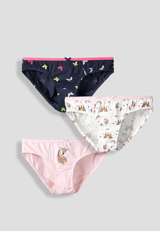Girls’ Soft Unicorn Print Cotton Lycra Briefs/Panties | Kids Underwear with Anti-Microbial Finish & Smart Waistband Technology - Pack of 3