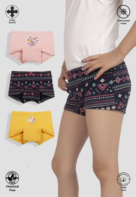 TRESNOVA Cotton Lycra Anti-microbial Finish & Smart Waistband Technology Unicorn Printed Soft Boxer Panties Pack of 3 -Yellow Pink & Navyblue