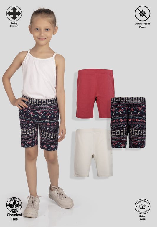 TRESNOVA Cotton Lycra Anti-microbial Finish & Smart Waistband Technology Aztec Printed Soft Cycling shorts Pack of 3 -  Navyblue Rosepink & Offwhite